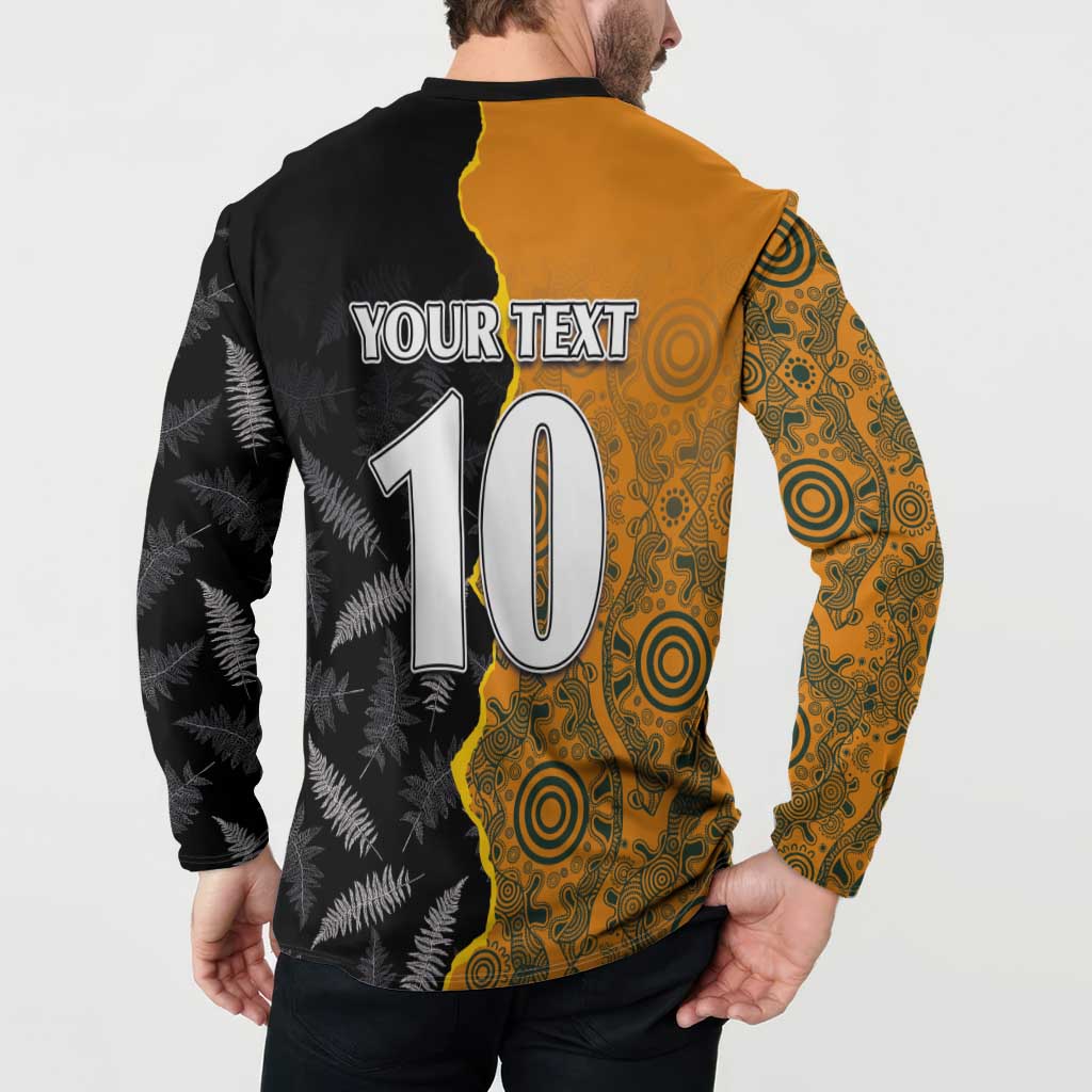 Custom New Zealand and Australia Rugby Championship 2024 Button Sweatshirt Maori Warrior and Kangaroo Mascot with Fern Aboriginal LT03 - Polynesian Pride