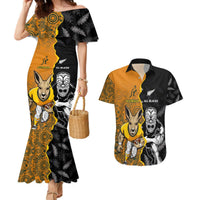Custom New Zealand and Australia Rugby Championship 2024 Couples Matching Mermaid Dress and Hawaiian Shirt Maori Warrior and Kangaroo Mascot with Fern Aboriginal LT03 Black - Polynesian Pride