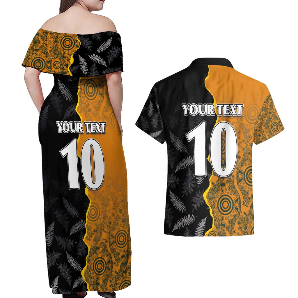 Custom New Zealand and Australia Rugby Championship 2024 Couples Matching Off Shoulder Maxi Dress and Hawaiian Shirt Maori Warrior and Kangaroo Mascot with Fern Aboriginal LT03 - Polynesian Pride