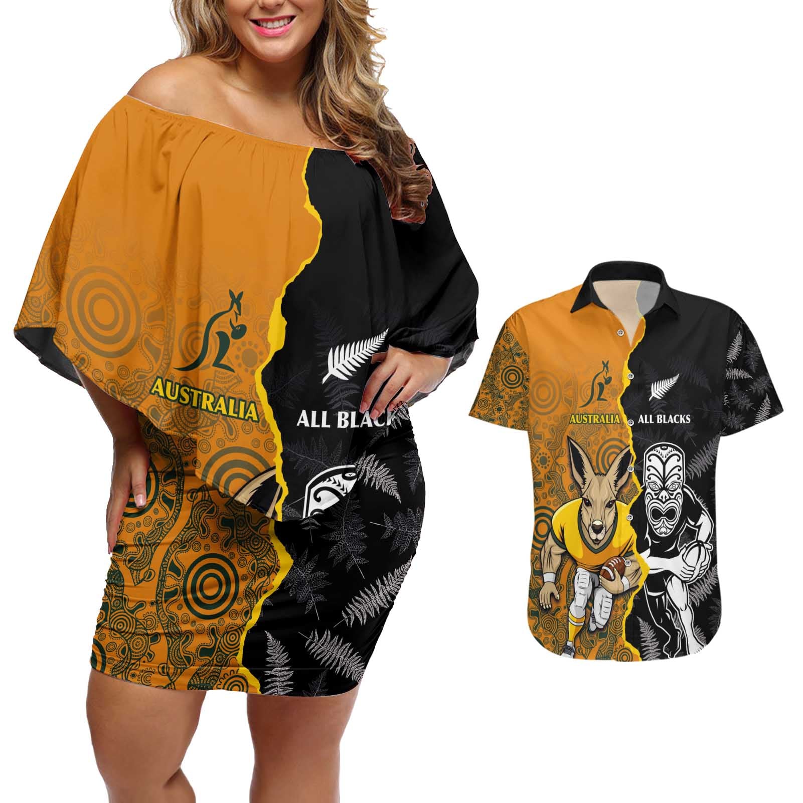 Custom New Zealand and Australia Rugby Championship 2024 Couples Matching Off Shoulder Short Dress and Hawaiian Shirt Maori Warrior and Kangaroo Mascot with Fern Aboriginal