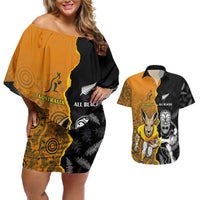 Custom New Zealand and Australia Rugby Championship 2024 Couples Matching Off Shoulder Short Dress and Hawaiian Shirt Maori Warrior and Kangaroo Mascot with Fern Aboriginal LT03 Black - Polynesian Pride