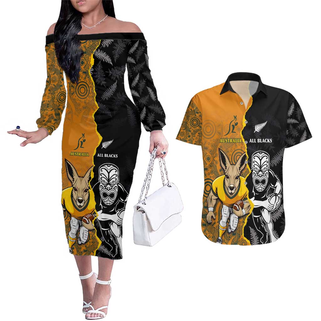 Custom New Zealand and Australia Rugby Championship 2024 Couples Matching Off The Shoulder Long Sleeve Dress and Hawaiian Shirt Maori Warrior and Kangaroo Mascot with Fern Aboriginal LT03 Black - Polynesian Pride