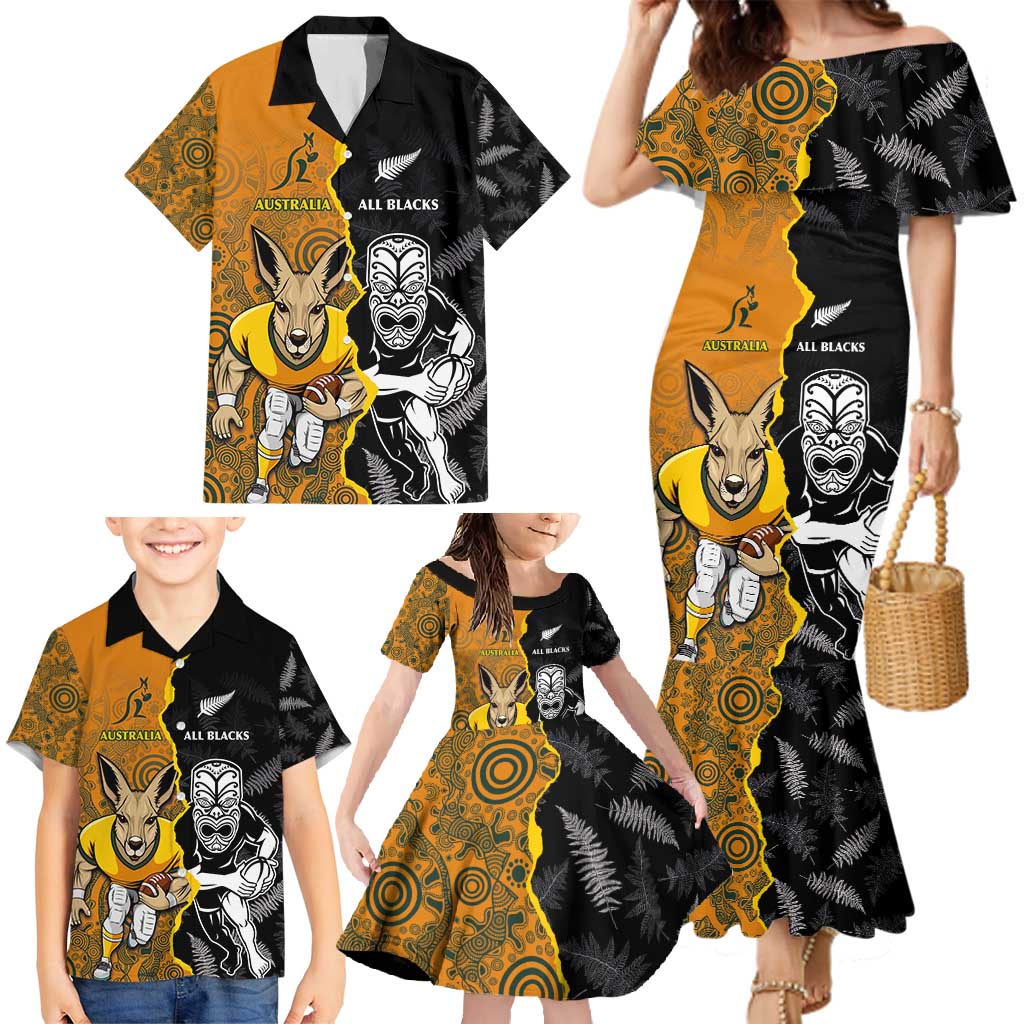 Custom New Zealand and Australia Rugby Championship 2024 Family Matching Mermaid Dress and Hawaiian Shirt Maori Warrior and Kangaroo Mascot with Fern Aboriginal LT03 - Polynesian Pride