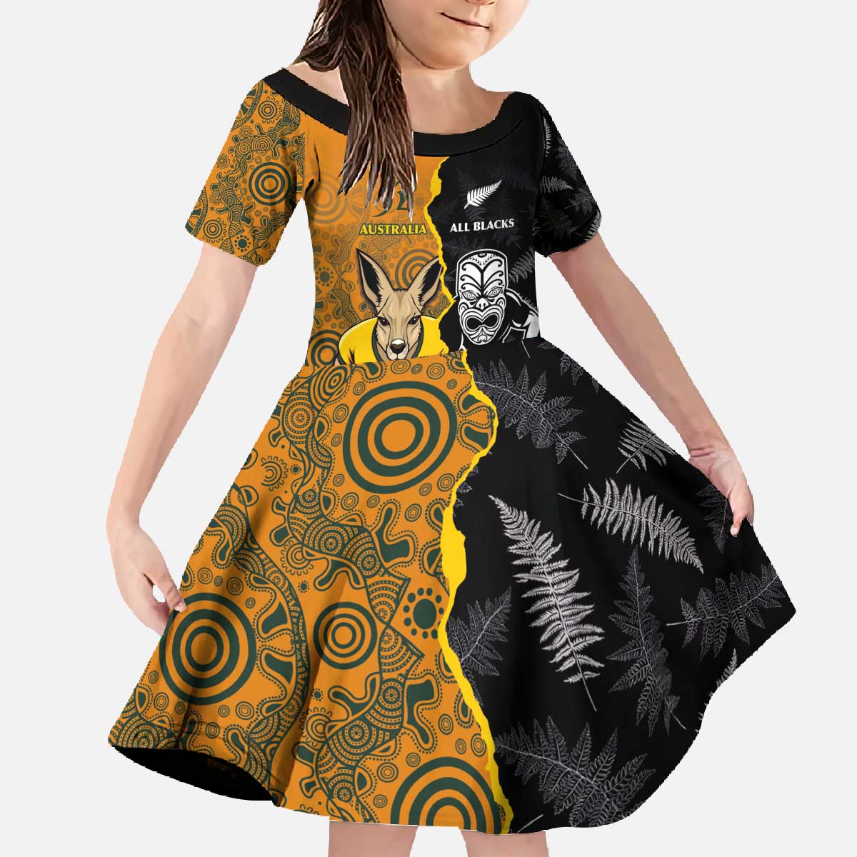Custom New Zealand and Australia Rugby Championship 2024 Family Matching Off The Shoulder Long Sleeve Dress and Hawaiian Shirt Maori Warrior and Kangaroo Mascot with Fern Aboriginal LT03 Daughter's Dress Black - Polynesian Pride