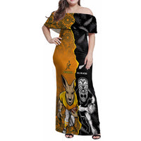 Custom New Zealand and Australia Rugby Championship 2024 Family Matching Off Shoulder Maxi Dress and Hawaiian Shirt Maori Warrior and Kangaroo Mascot with Fern Aboriginal LT03 Mom's Dress Black - Polynesian Pride