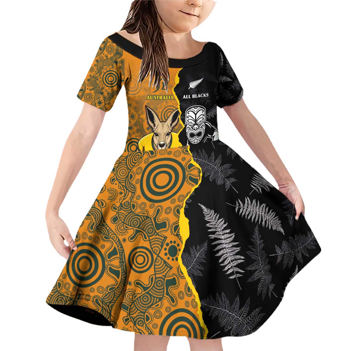 Custom New Zealand and Australia Rugby Championship 2024 Family Matching Off Shoulder Short Dress and Hawaiian Shirt Maori Warrior and Kangaroo Mascot with Fern Aboriginal LT03 Daughter's Dress Black - Polynesian Pride