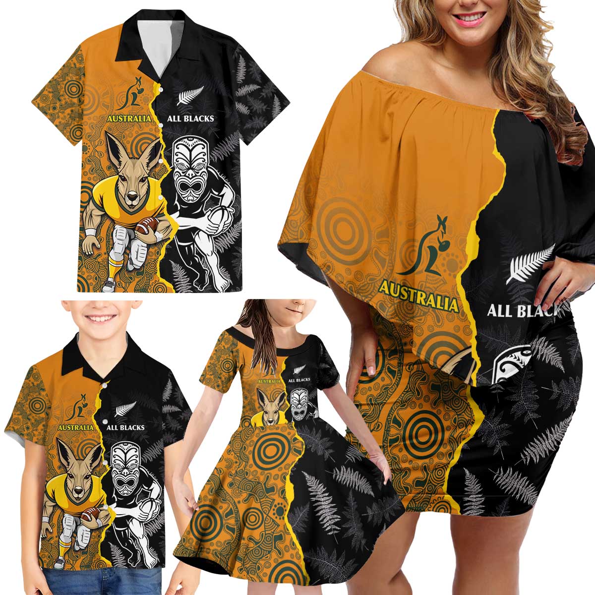 Custom New Zealand and Australia Rugby Championship 2024 Family Matching Off Shoulder Short Dress and Hawaiian Shirt Maori Warrior and Kangaroo Mascot with Fern Aboriginal LT03 - Polynesian Pride