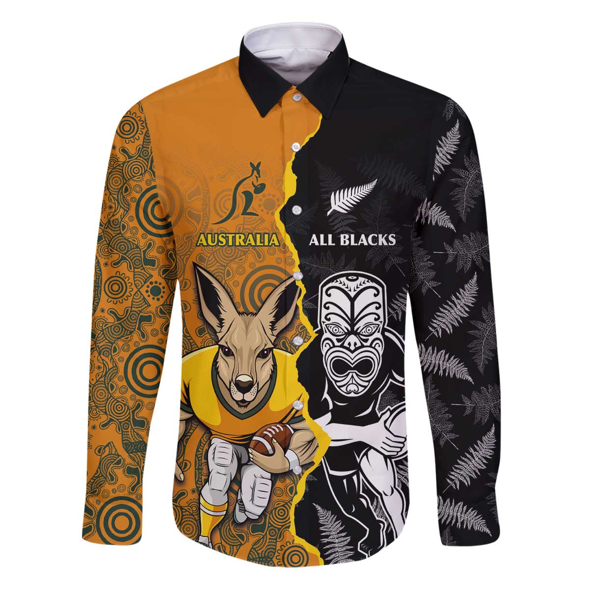 Custom New Zealand and Australia Rugby Championship 2024 Family Matching Off Shoulder Short Dress and Hawaiian Shirt Maori Warrior and Kangaroo Mascot with Fern Aboriginal LT03 Dad's Shirt - Long Sleeve Black - Polynesian Pride