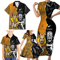 Custom New Zealand and Australia Rugby Championship 2024 Family Matching Short Sleeve Bodycon Dress and Hawaiian Shirt Maori Warrior and Kangaroo Mascot with Fern Aboriginal LT03 - Polynesian Pride