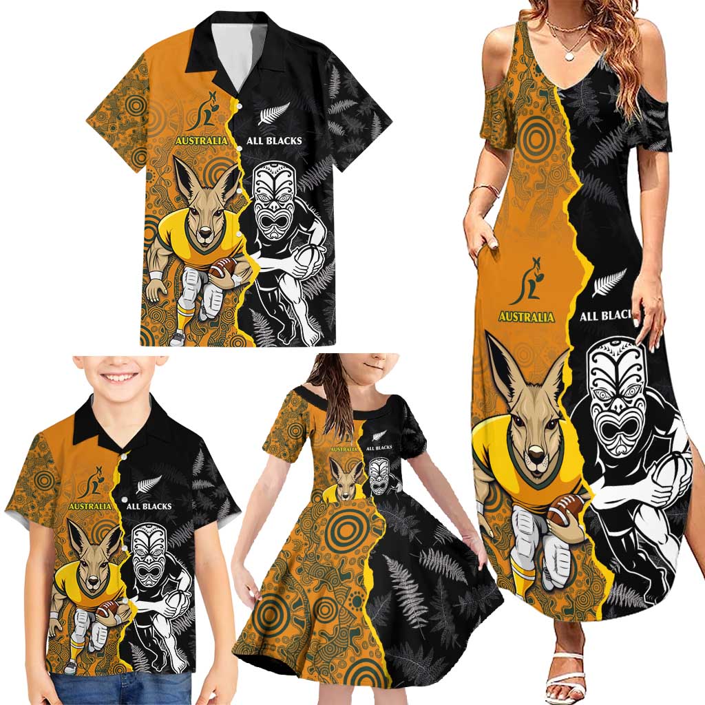 Custom New Zealand and Australia Rugby Championship 2024 Family Matching Summer Maxi Dress and Hawaiian Shirt Maori Warrior and Kangaroo Mascot with Fern Aboriginal LT03 - Polynesian Pride