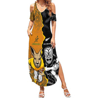 Custom New Zealand and Australia Rugby Championship 2024 Family Matching Summer Maxi Dress and Hawaiian Shirt Maori Warrior and Kangaroo Mascot with Fern Aboriginal LT03 Mom's Dress Black - Polynesian Pride