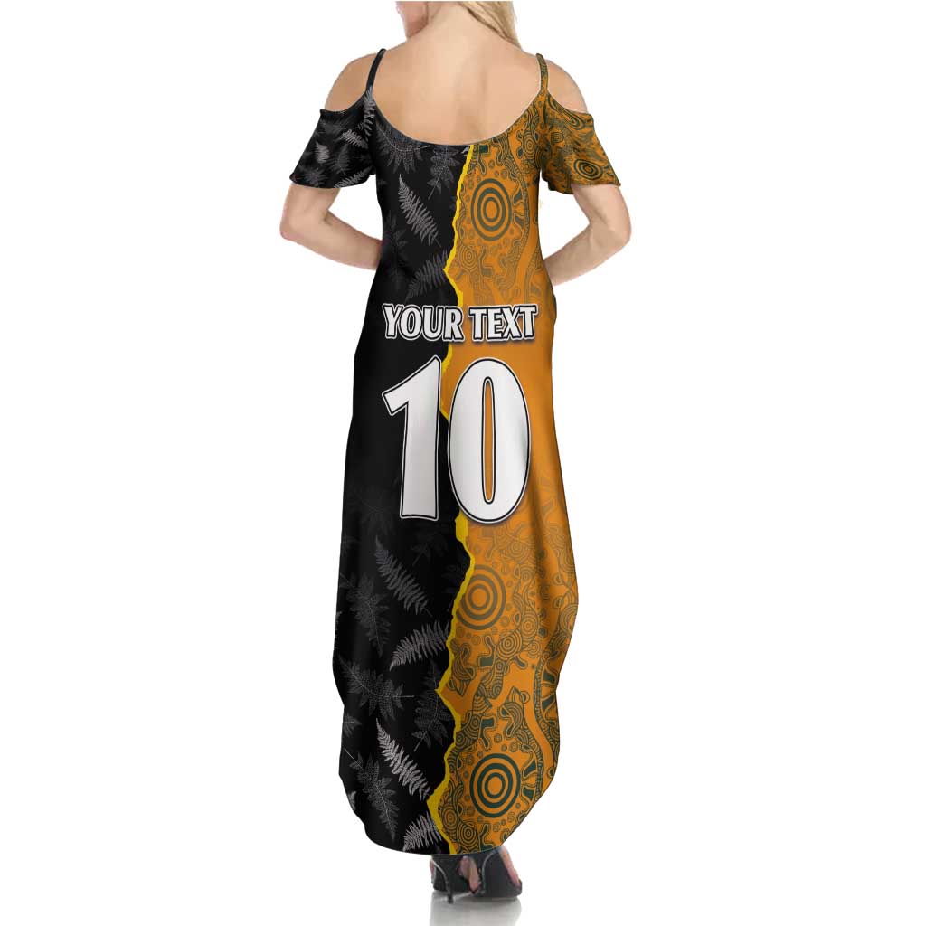 Custom New Zealand and Australia Rugby Championship 2024 Family Matching Summer Maxi Dress and Hawaiian Shirt Maori Warrior and Kangaroo Mascot with Fern Aboriginal LT03 - Polynesian Pride