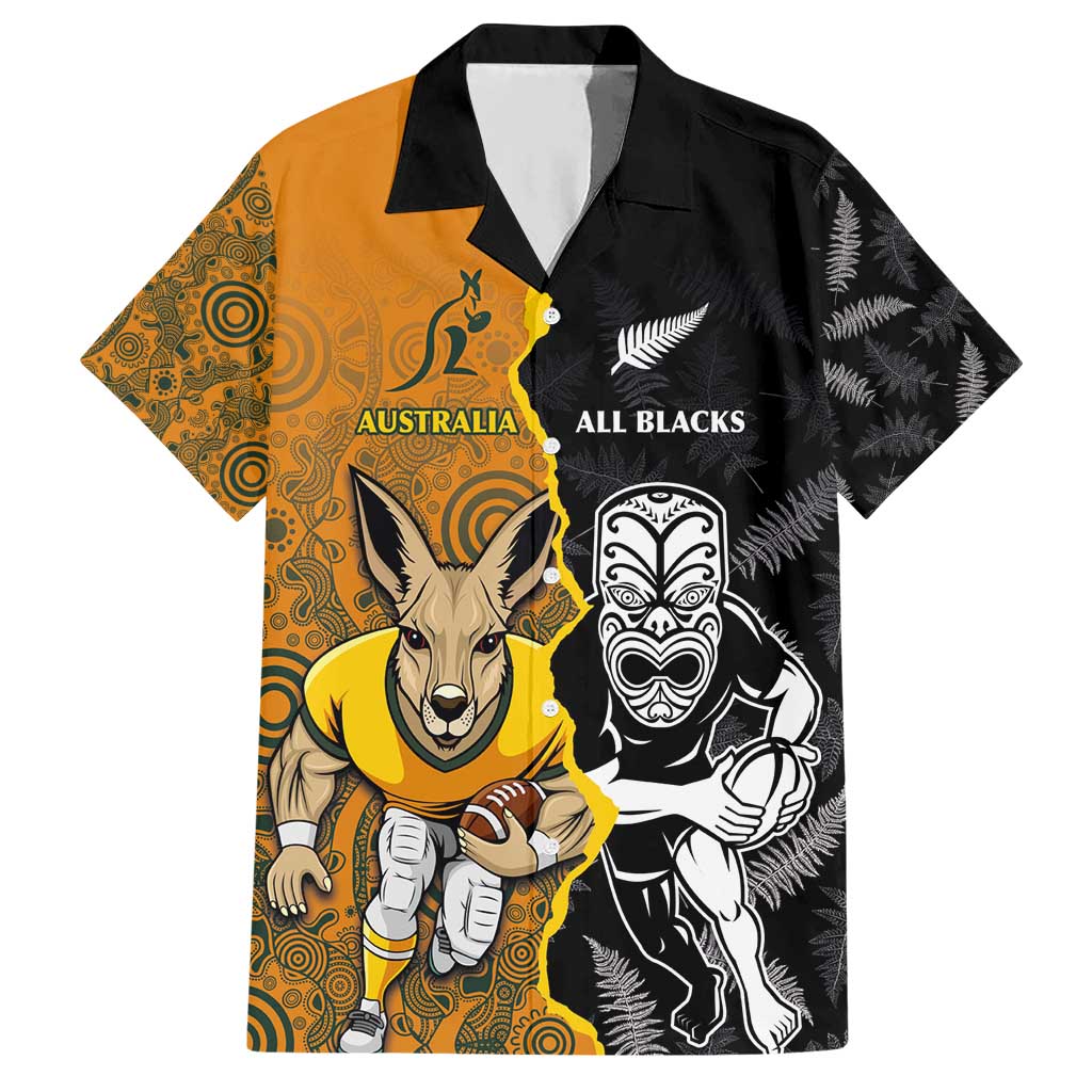 Custom New Zealand and Australia Rugby Championship 2024 Hawaiian Shirt Maori Warrior and Kangaroo Mascot with Fern Aboriginal LT03 Black - Polynesian Pride