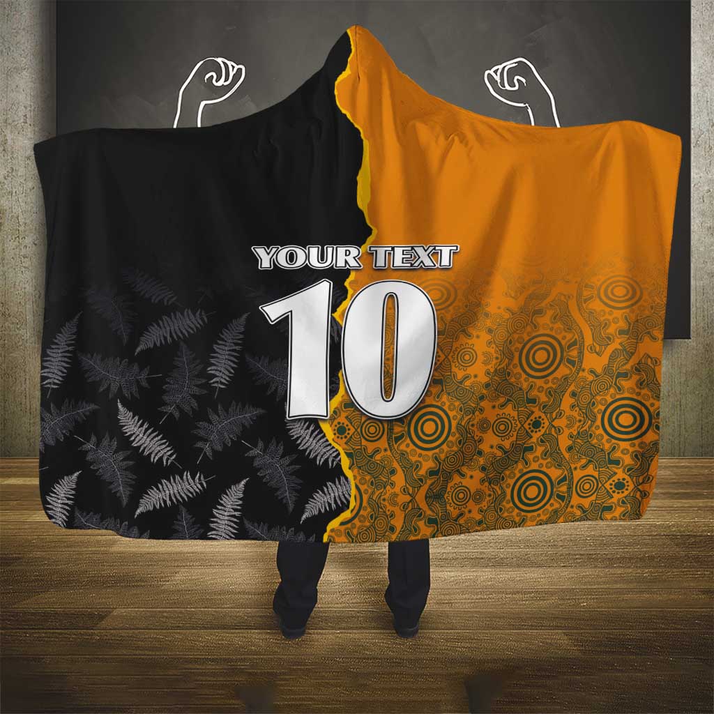 Custom New Zealand and Australia Rugby Championship 2024 Hooded Blanket Maori Warrior and Kangaroo Mascot with Fern Aboriginal