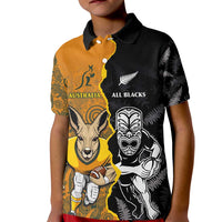 Custom New Zealand and Australia Rugby Championship 2024 Kid Polo Shirt Maori Warrior and Kangaroo Mascot with Fern Aboriginal LT03 Kid Black - Polynesian Pride