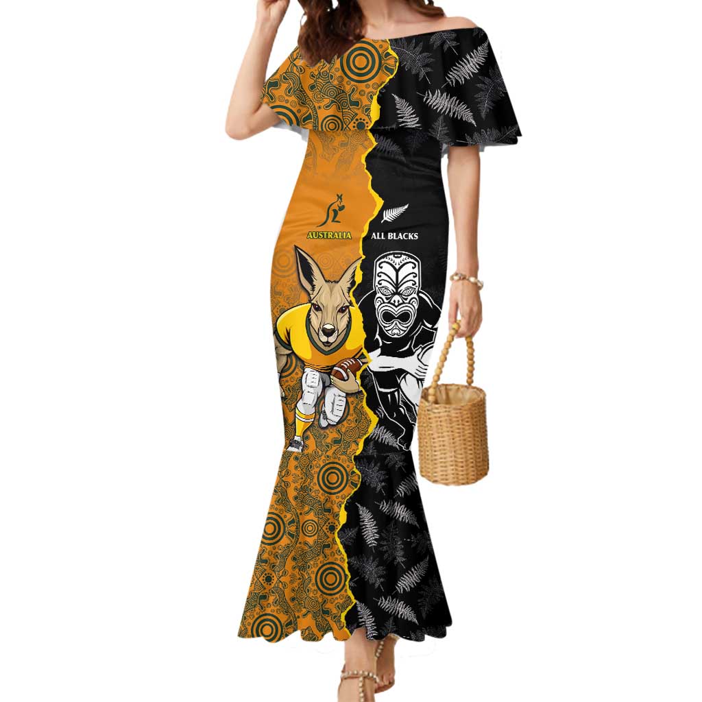 Custom New Zealand and Australia Rugby Championship 2024 Mermaid Dress Maori Warrior and Kangaroo Mascot with Fern Aboriginal