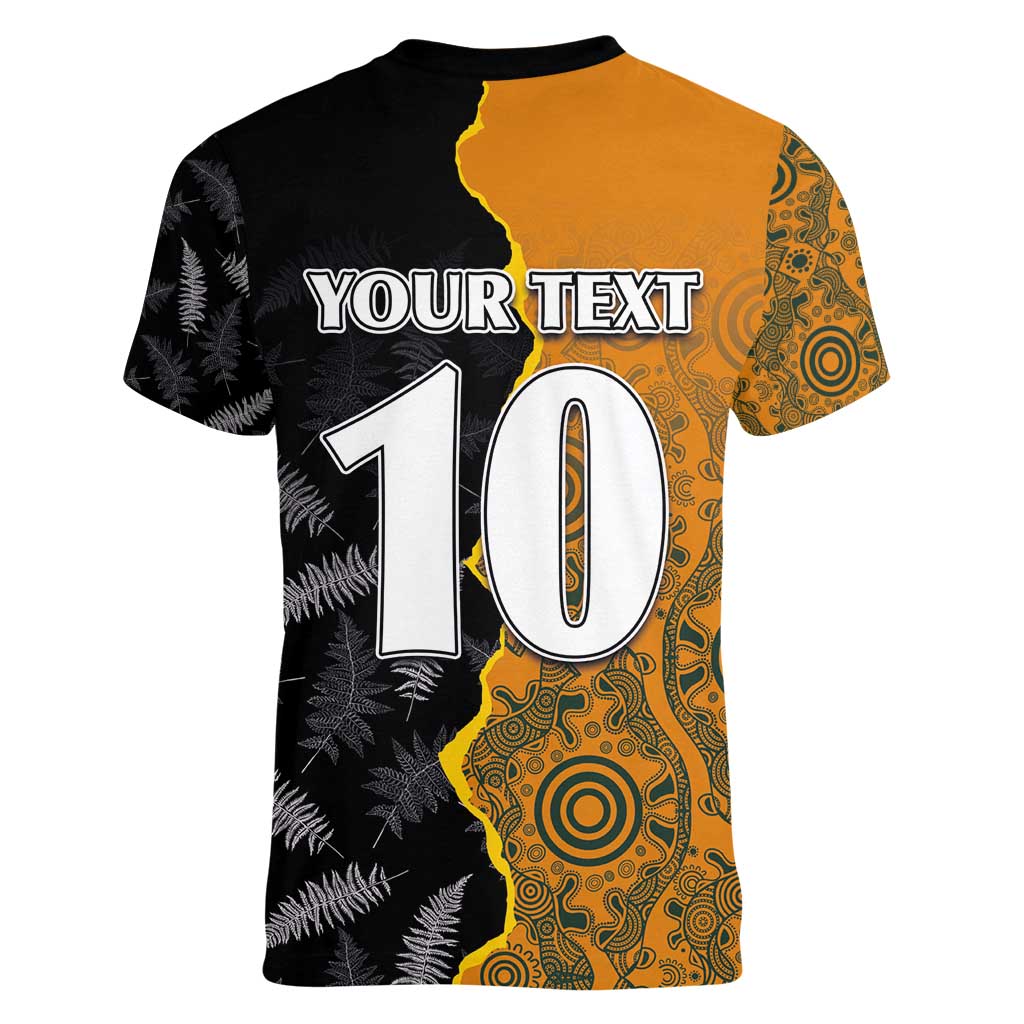Custom New Zealand and Australia Rugby Championship 2024 Women V-Neck T-Shirt Maori Warrior and Kangaroo Mascot with Fern Aboriginal LT03 - Polynesian Pride