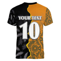 Custom New Zealand and Australia Rugby Championship 2024 Women V-Neck T-Shirt Maori Warrior and Kangaroo Mascot with Fern Aboriginal LT03 - Polynesian Pride