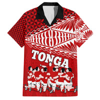 Tonga Rugby Family Matching Off Shoulder Long Sleeve Dress and Hawaiian Shirt Sipi Tau Dance Ngatu Pattern LT03 Dad's Shirt - Short Sleeve Red - Polynesian Pride