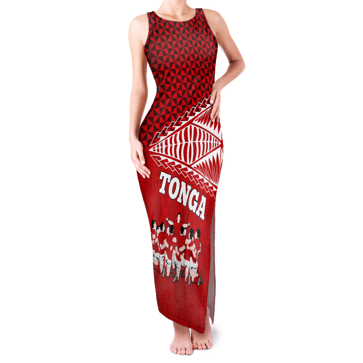 Tonga Rugby Family Matching Tank Maxi Dress and Hawaiian Shirt Sipi Tau Dance Ngatu Pattern LT03 Mom's Dress Red - Polynesian Pride