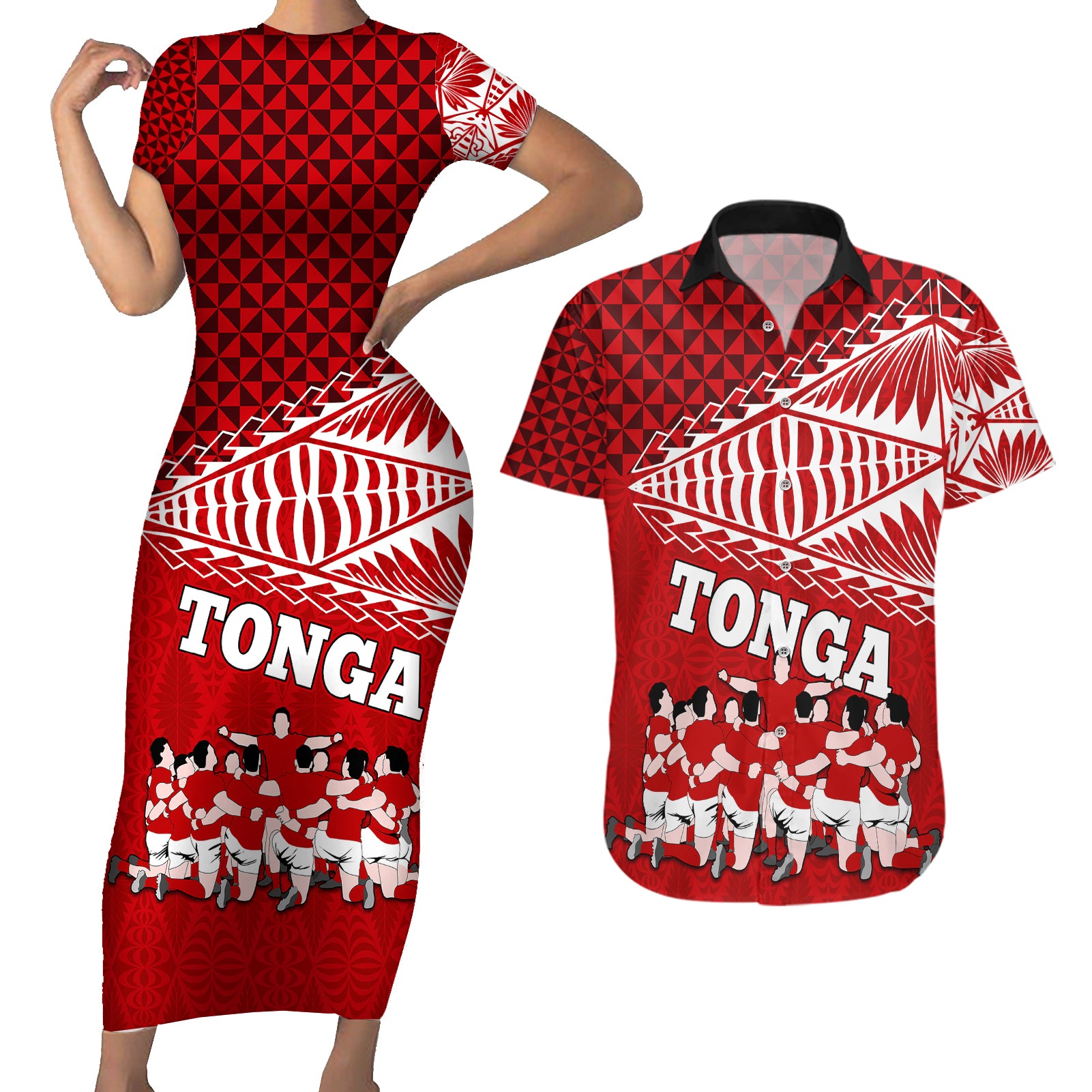 personalised-tonga-rugby-couples-matching-short-sleeve-bodycon-dress-and-hawaiian-shirt-sipi-tau-dance-ngatu-pattern