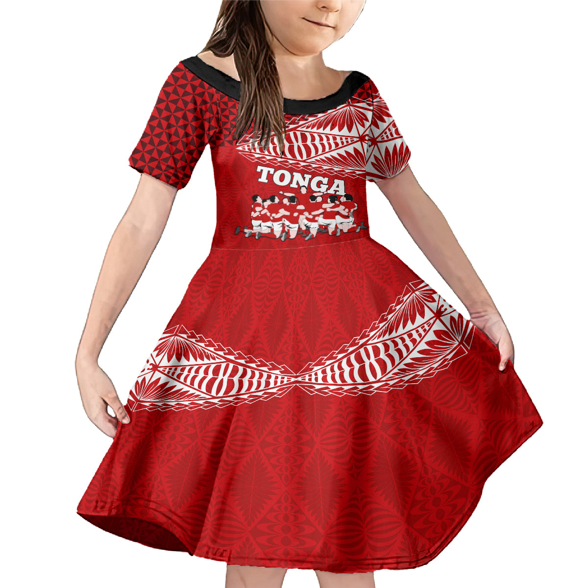 Personalised Tonga Rugby Family Matching Mermaid Dress and Hawaiian Shirt Sipi Tau Dance Ngatu Pattern LT03 Daughter's Dress Red - Polynesian Pride