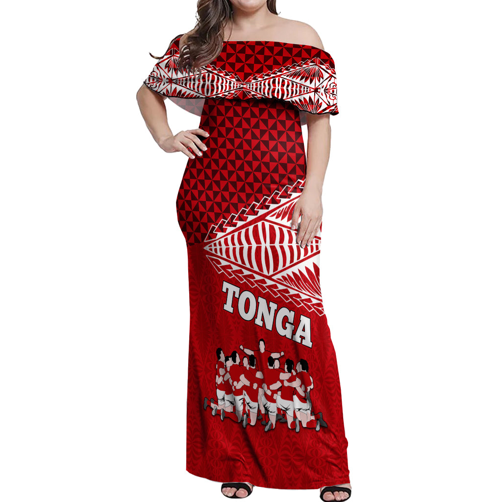 Personalised Tonga Rugby Off Shoulder Maxi Dress Sipi Tau Dance Ngatu Pattern LT03 Women Red - Polynesian Pride
