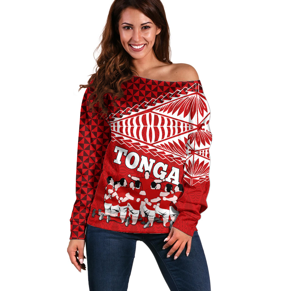 Personalised Tonga Rugby Off Shoulder Sweater Sipi Tau Dance Ngatu Pattern LT03 Women Red - Polynesian Pride