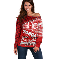 Personalised Tonga Rugby Off Shoulder Sweater Sipi Tau Dance Ngatu Pattern LT03 Women Red - Polynesian Pride