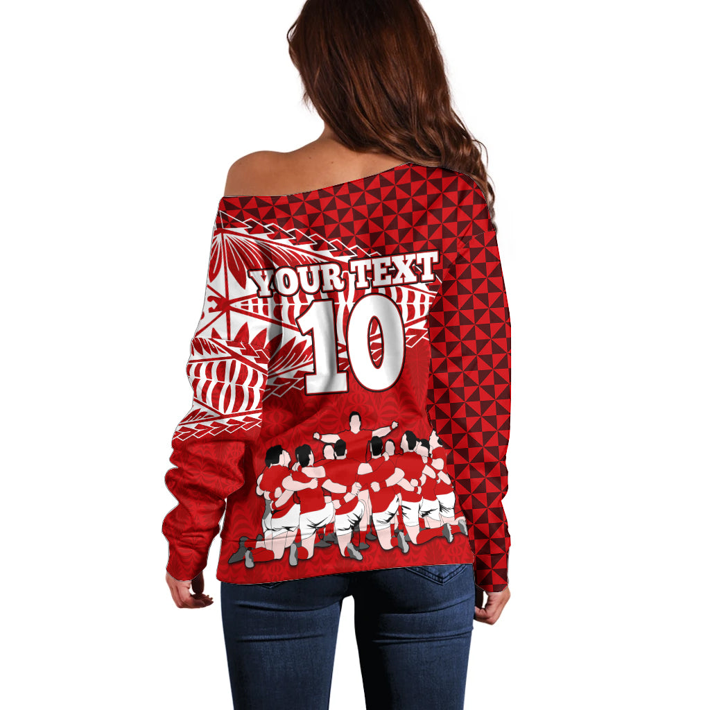 Personalised Tonga Rugby Off Shoulder Sweater Sipi Tau Dance Ngatu Pattern LT03 - Polynesian Pride