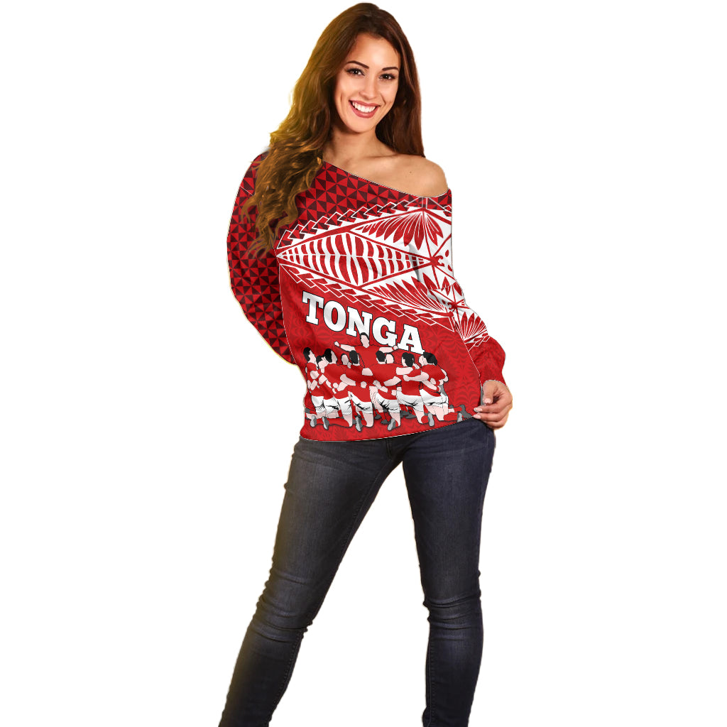 Personalised Tonga Rugby Off Shoulder Sweater Sipi Tau Dance Ngatu Pattern LT03 - Polynesian Pride