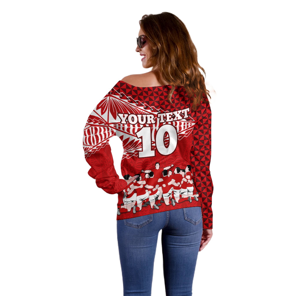 Personalised Tonga Rugby Off Shoulder Sweater Sipi Tau Dance Ngatu Pattern LT03 - Polynesian Pride