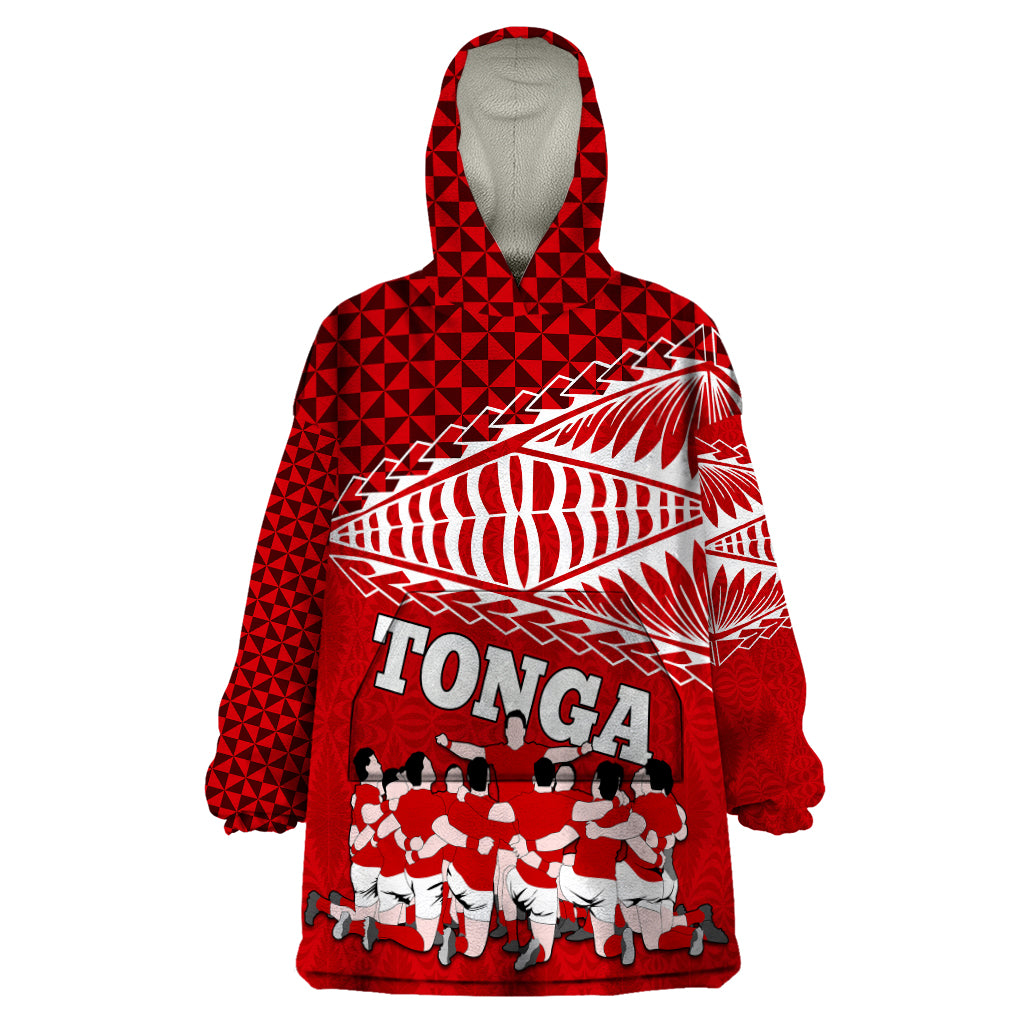 Personalised Tonga Rugby Wearable Blanket Hoodie Sipi Tau Dance Ngatu Pattern LT03 One Size Red - Polynesian Pride