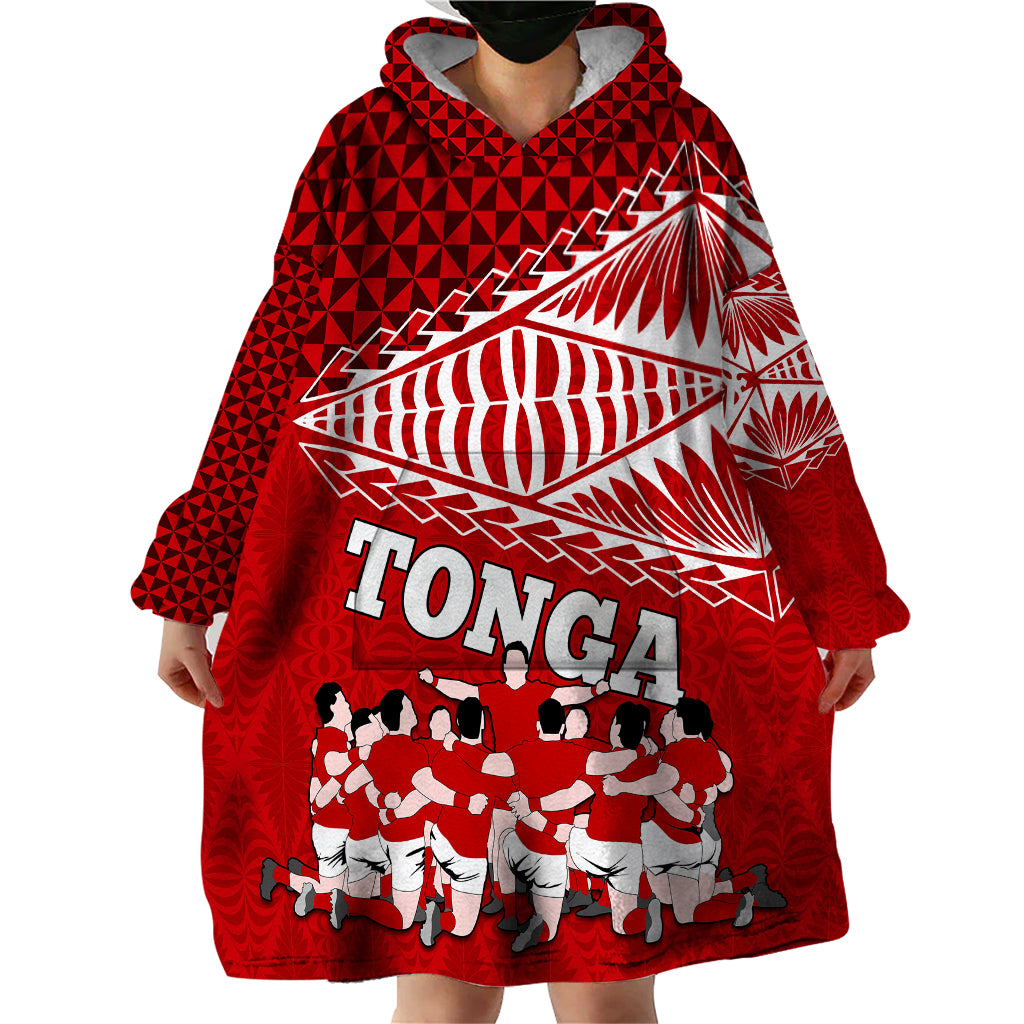 Personalised Tonga Rugby Wearable Blanket Hoodie Sipi Tau Dance Ngatu Pattern LT03 - Polynesian Pride