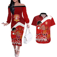 tonga-rugby-couples-matching-off-the-shoulder-long-sleeve-dress-and-hawaiian-shirt-sipi-tau-dance-coat-of-arms-ngatu-pattern