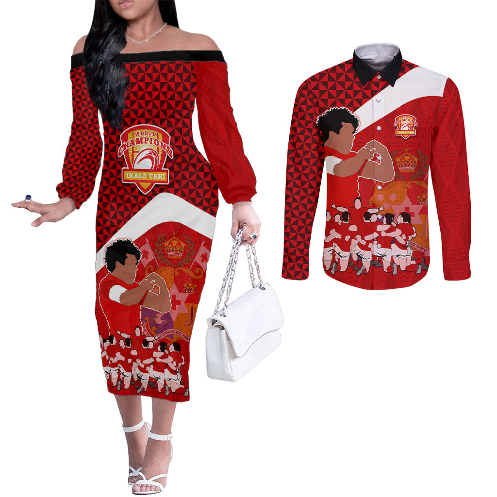 tonga-rugby-couples-matching-off-the-shoulder-long-sleeve-dress-and-long-sleeve-button-shirts-sipi-tau-dance-coat-of-arms-ngatu-pattern
