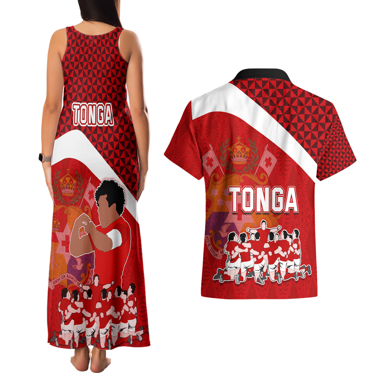 tonga-rugby-couples-matching-tank-maxi-dress-and-hawaiian-shirt-sipi-tau-dance-coat-of-arms-ngatu-pattern