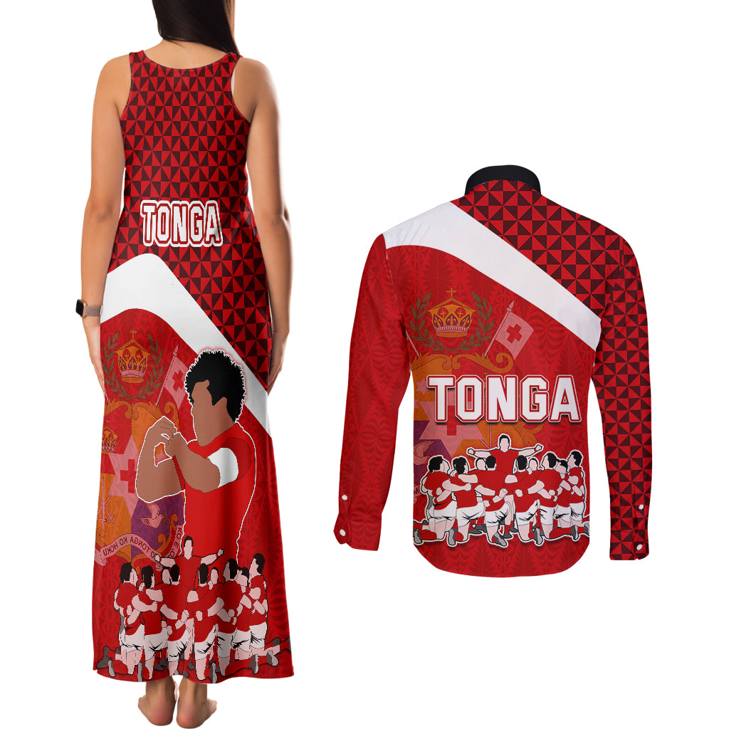 tonga-rugby-couples-matching-tank-maxi-dress-and-long-sleeve-button-shirts-sipi-tau-dance-coat-of-arms-ngatu-pattern