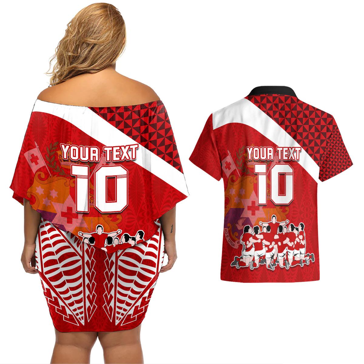 personalised-tonga-rugby-couples-matching-off-shoulder-short-dress-and-hawaiian-shirt-sipi-tau-dance-coat-of-arms-ngatu-pattern