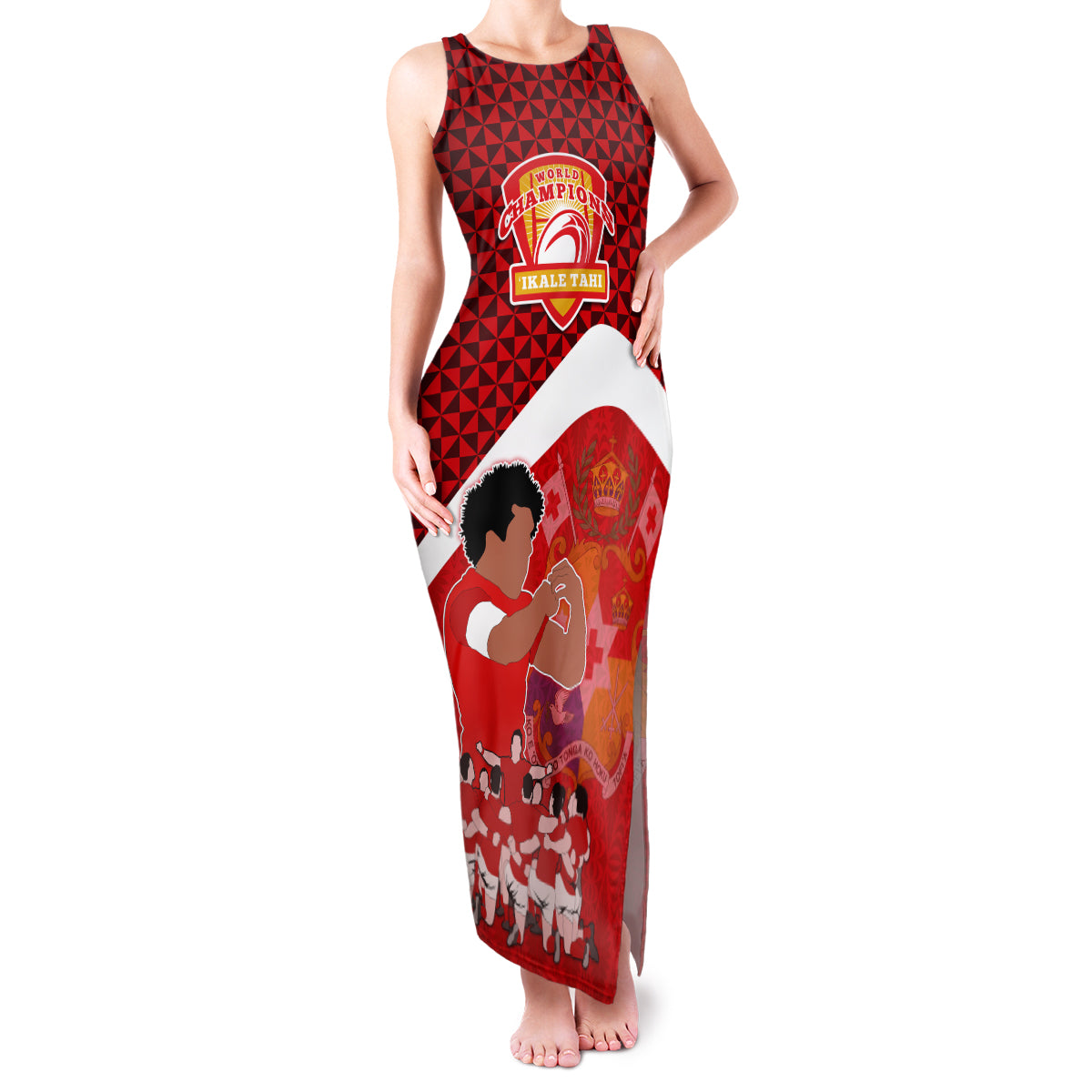 Personalised Tonga Rugby Family Matching Tank Maxi Dress and Hawaiian Shirt Sipi Tau Dance Coat of Arms Ngatu Pattern LT03 Mom's Dress Red - Polynesian Pride