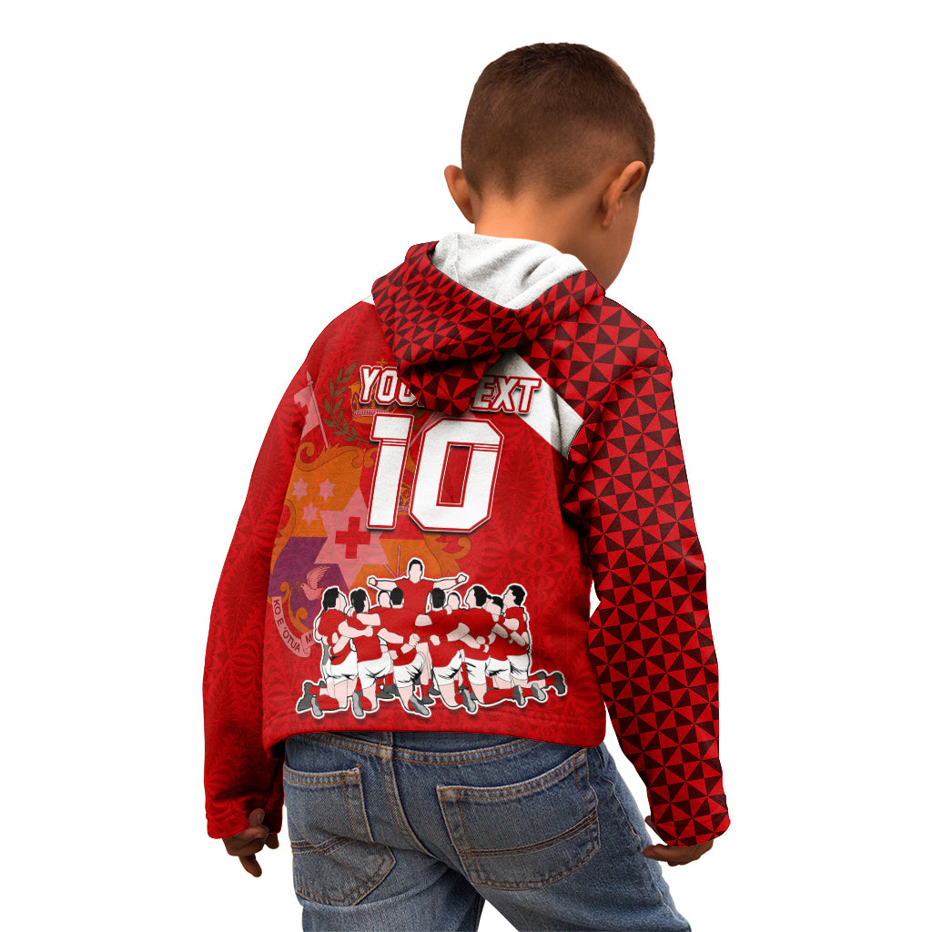 Personalised Tonga Rugby Kid Hoodie Sipi Tau Dance Coat of Arms Ngatu Pattern LT03 - Polynesian Pride