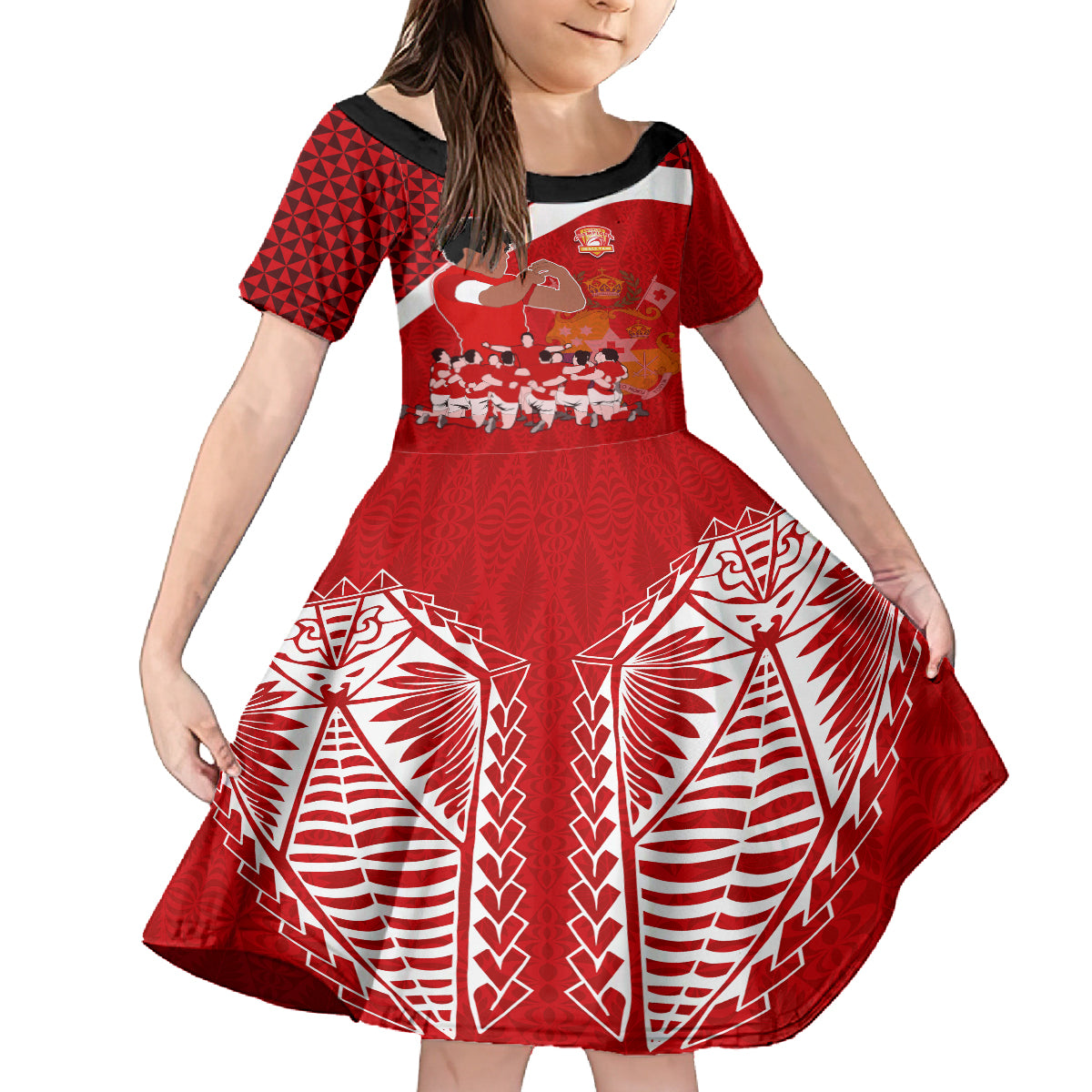 personalised-tonga-rugby-kid-short-sleeve-dress-sipi-tau-dance-coat-of-arms-ngatu-pattern