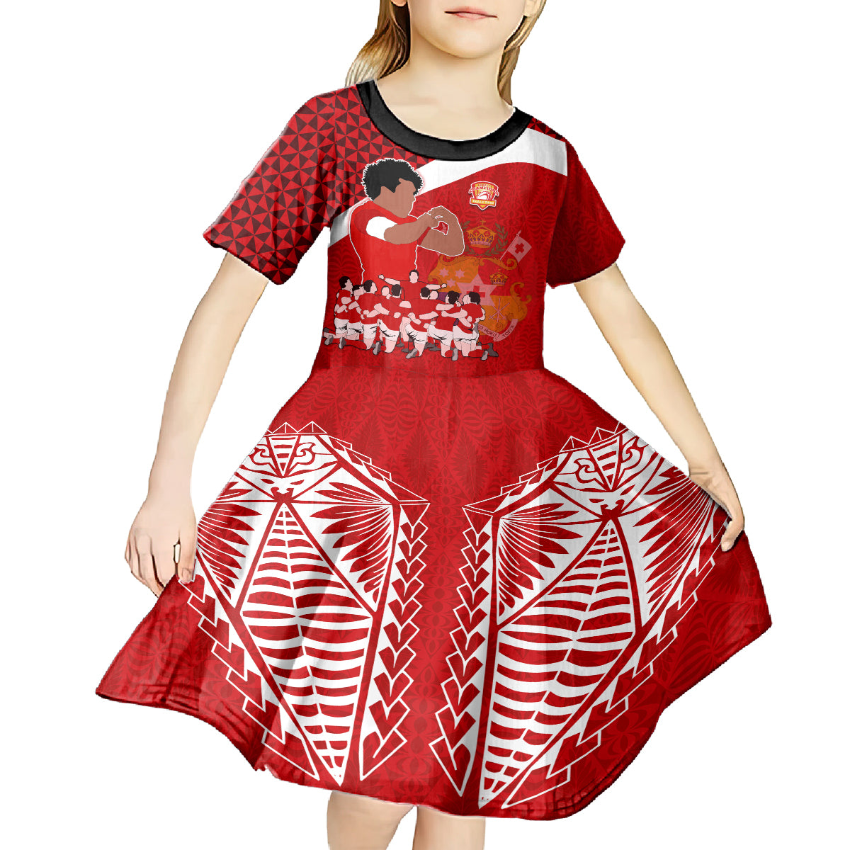 personalised-tonga-rugby-kid-short-sleeve-dress-sipi-tau-dance-coat-of-arms-ngatu-pattern