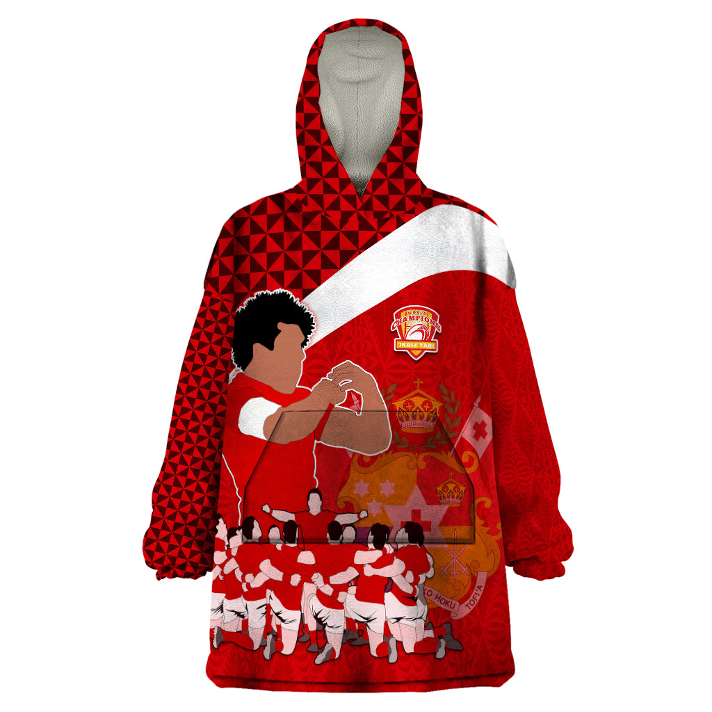 Personalised Tonga Rugby Wearable Blanket Hoodie Sipi Tau Dance Coat of Arms Ngatu Pattern LT03 One Size Red - Polynesian Pride