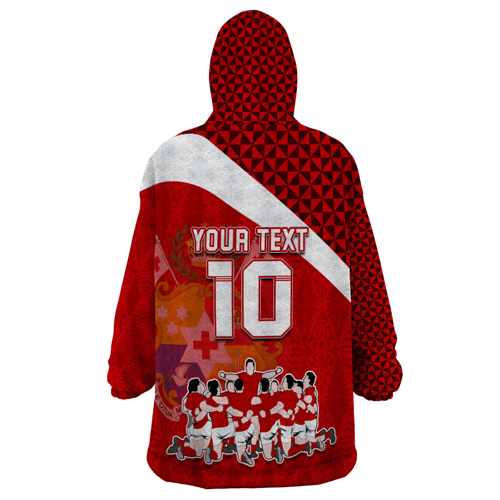 Personalised Tonga Rugby Wearable Blanket Hoodie Sipi Tau Dance Coat of Arms Ngatu Pattern LT03 - Polynesian Pride
