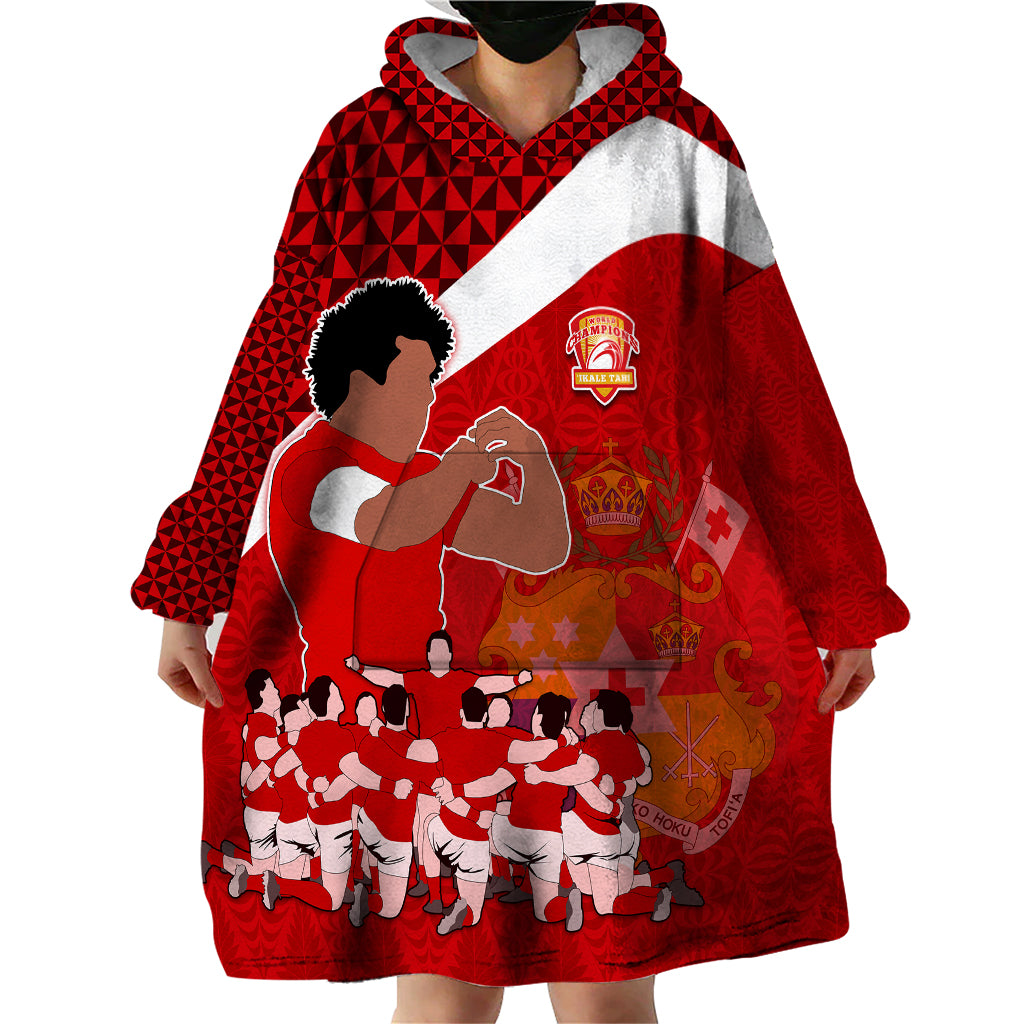 Personalised Tonga Rugby Wearable Blanket Hoodie Sipi Tau Dance Coat of Arms Ngatu Pattern LT03 - Polynesian Pride