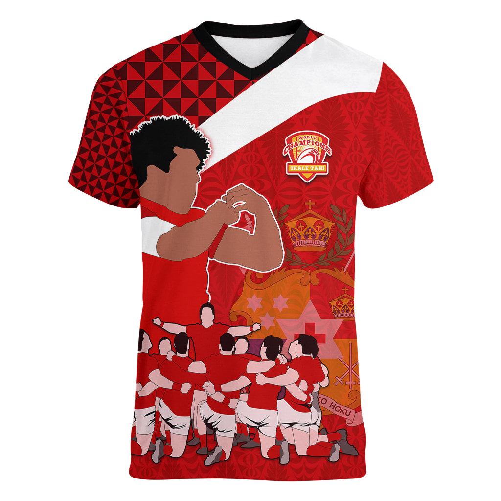 personalised-tonga-rugby-women-v-neck-t-shirt-sipi-tau-dance-coat-of-arms-ngatu-pattern