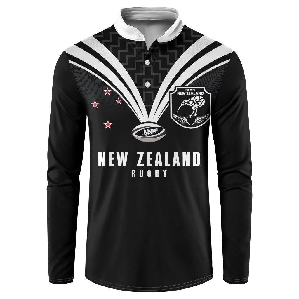 New Zealand Maori Rugby Custom Button Sweatshirt Aotearoa Tribal Motif Retro Concept LT03 Black - Polynesian Pride