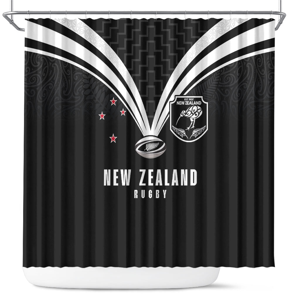 New Zealand Maori Rugby Shower Curtain Aotearoa Tribal Motif Retro Concept LT03 Black - Polynesian Pride