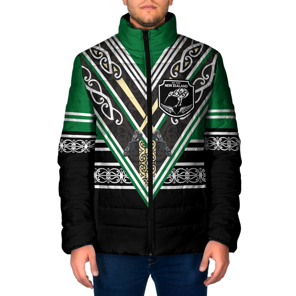 New Zealand Maori Rugby Custom Padded Jacket Aotearoa Koru Geometric - Naturalistic Green LT03 Men Green - Polynesian Pride